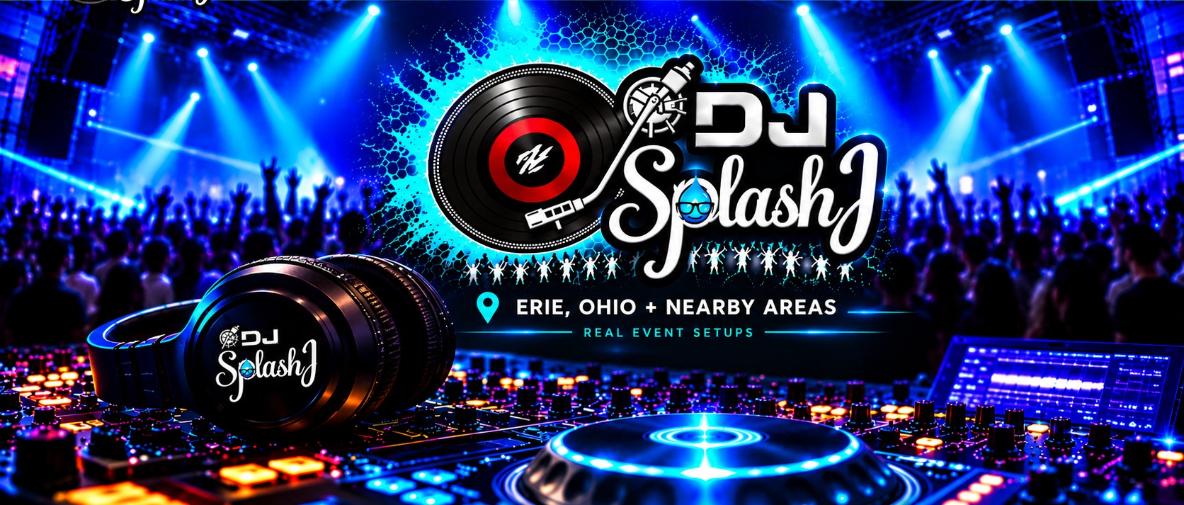 DJsplashJ neon blue nightclub with DJ console, logo, and Erie Ohio event information