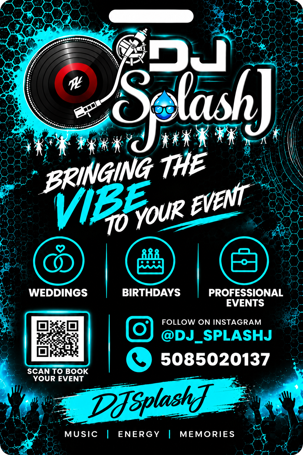 DJsplashJ promotional flyer featuring DJ branding and booking details